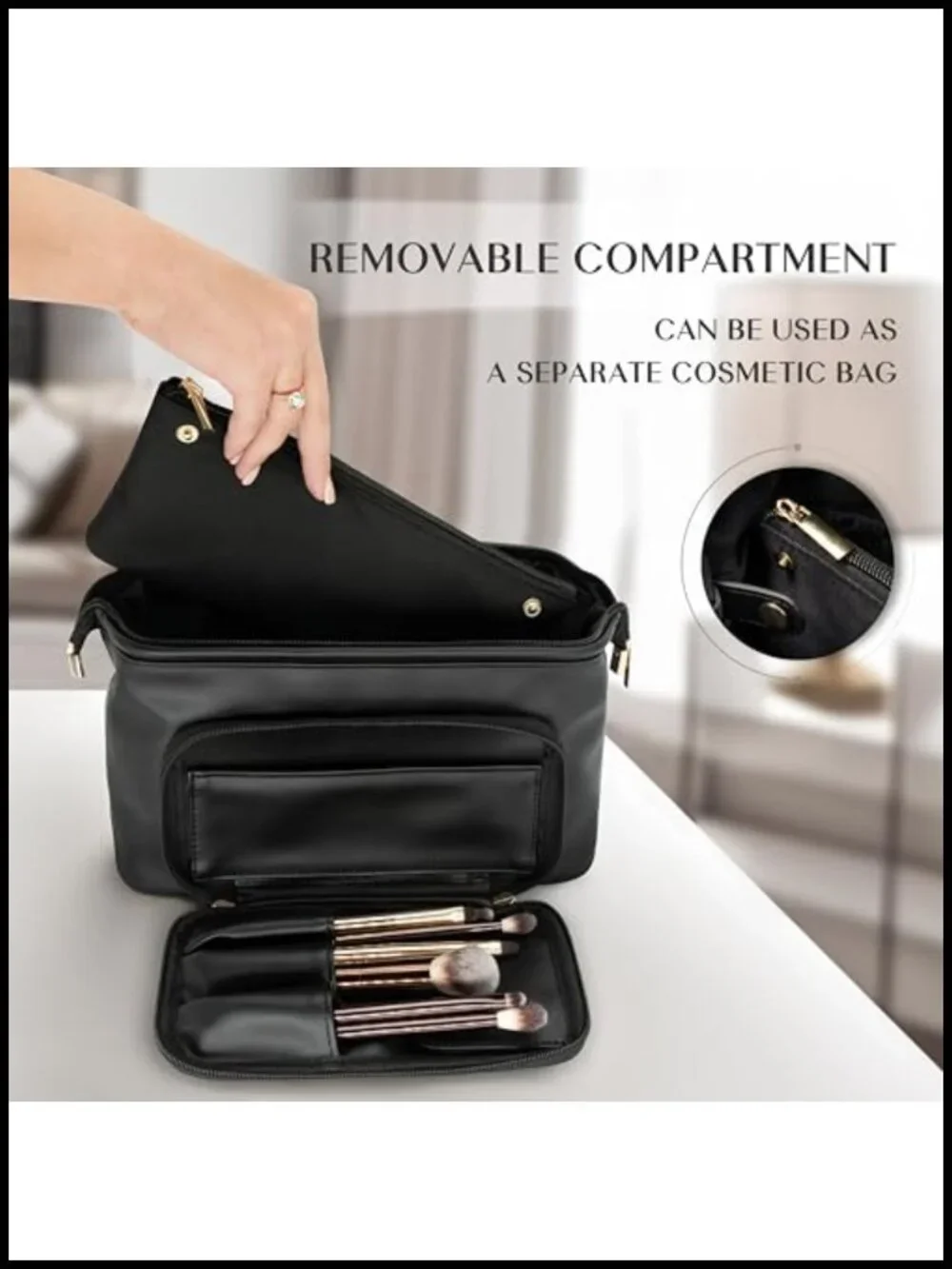 PU Leather Makeup Bag with Brush Compartment, Travel Cosmetic Case, Large